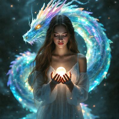The primary subject of the image is a woman holding a glowing sphere, which appears to be a light source. She is standing in front of a large, colorful dragon, which serves as the setting or background of the scene. The visual style of the image is digital art, as it is a well-crafted and detailed illustration. The colors and mood of the image are vibrant and lively, with the woman's glowing sphere and the dragon's vivid colors creating a sense of